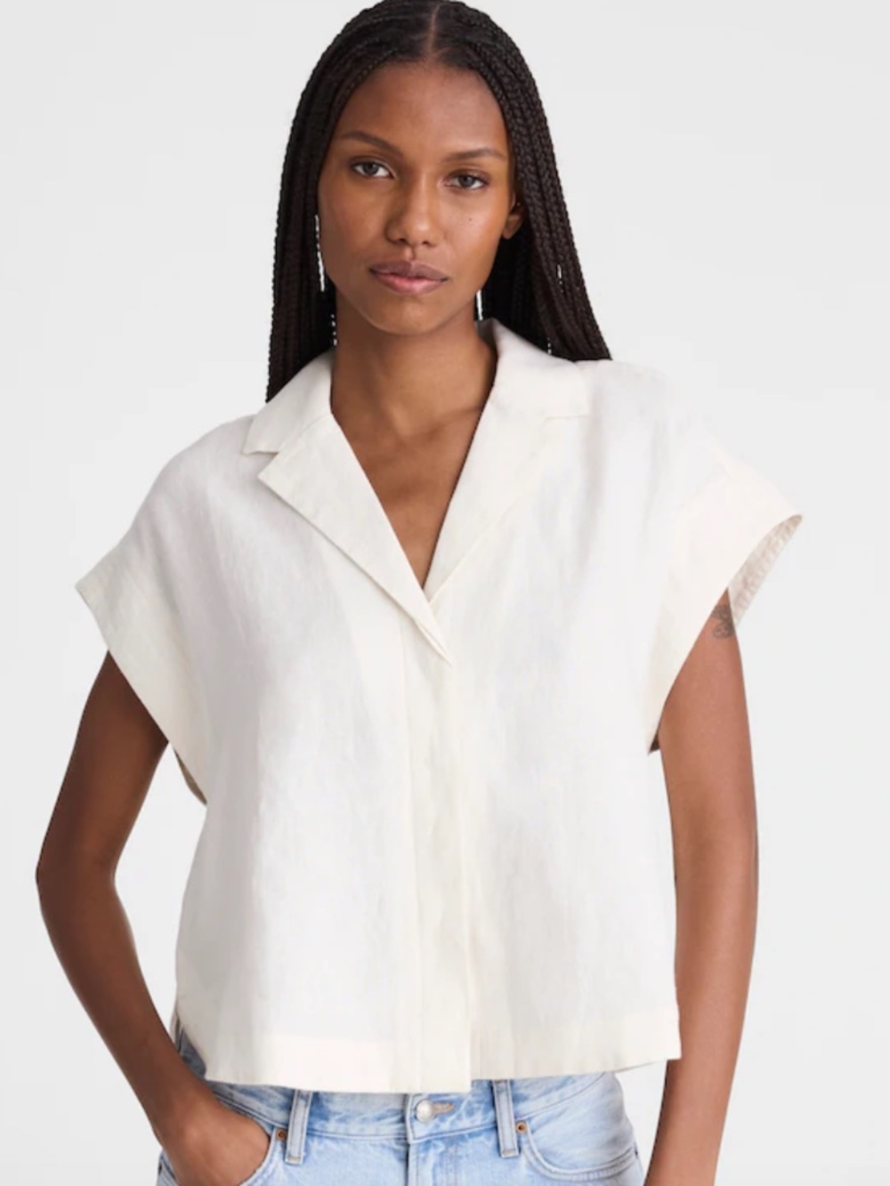 MADEWELL "Notch Collar Popover Shirt" in White 100% Linen: Sz. M